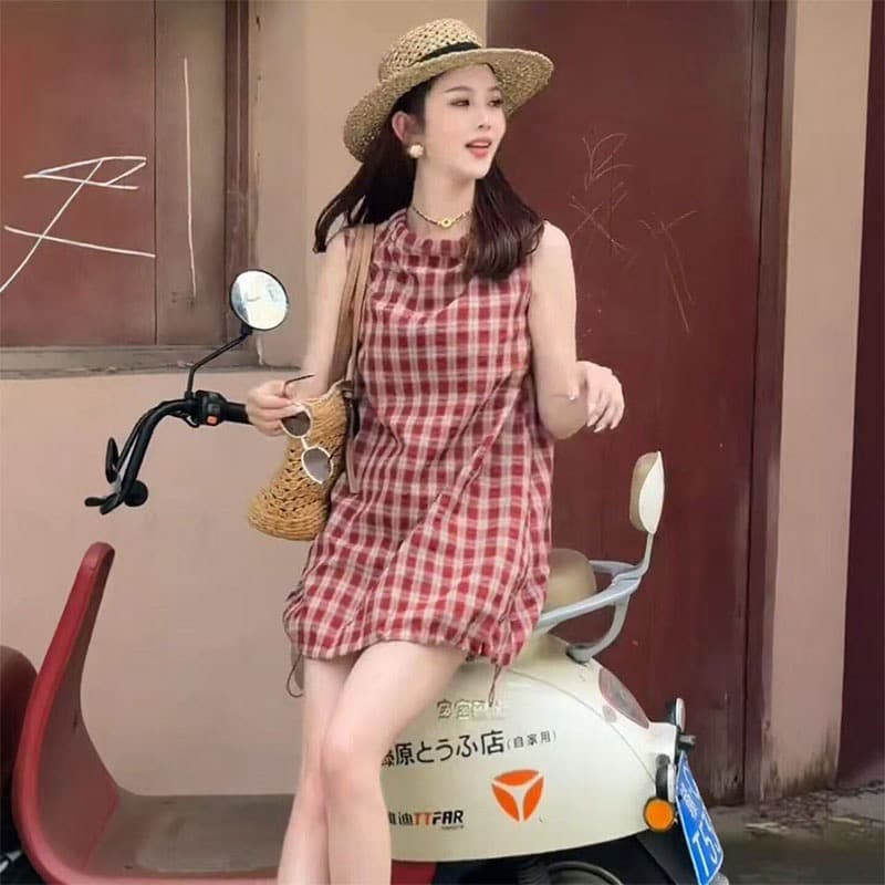 여름 활력 2026 여름 새로운 달콤한 부서 청춘 활기찬 센스 민소매 체크무늬 드레스 상세 이미지 3
