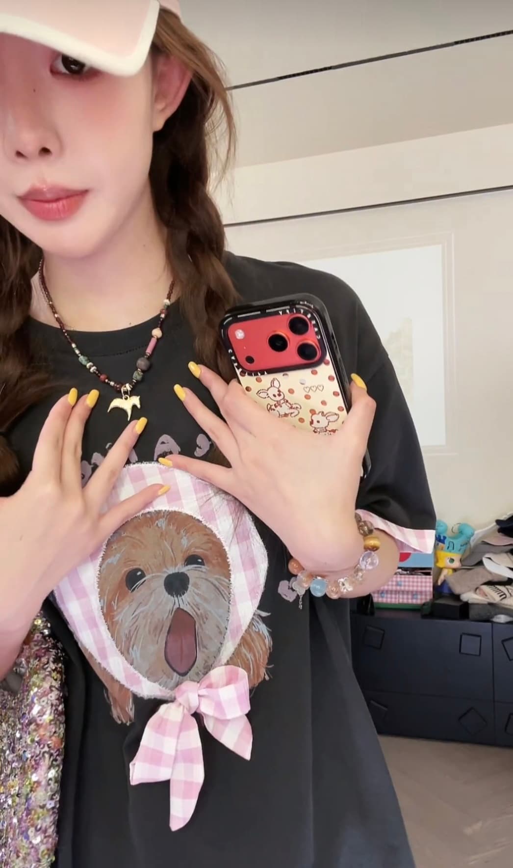 분말 모자 멩 개 캐주얼 패션 다용도 분말 체크무늬 강아지 프린트 티셔츠 반신 스커트 투피스 세트 패션 세트 상세 이미지 5