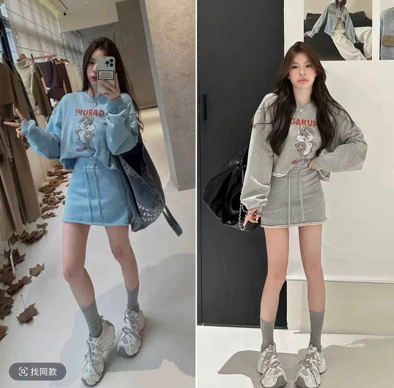 huihui 이른 가을 새로운 만화 토끼 형제 패턴 쇼트 스타일 후드티 여성 한 부서 외국 가스 세트 l080 상세 이미지 8