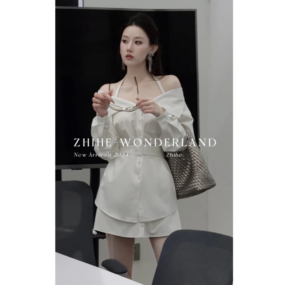 달빛 필기 오리지널 럭셔리 센스 행침 목 오프숄더 레이스업 허리 수축 셔츠 상세 이미지 1