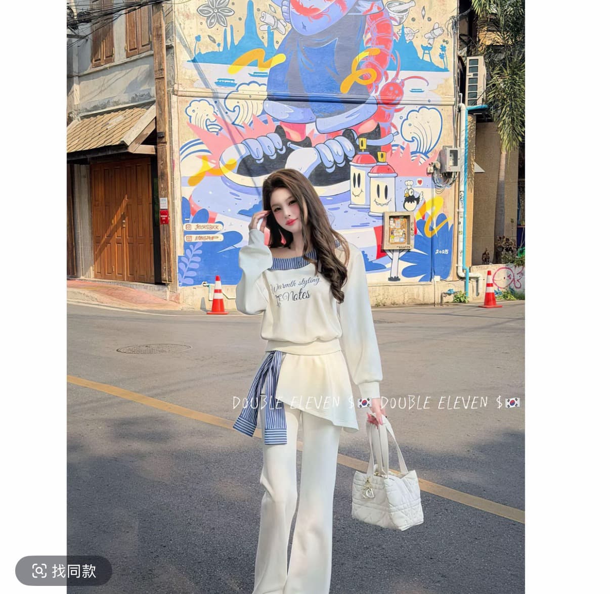 10 가족 오리지널 파란색 스트라이프 폴로 칼라 비스듬한 어깨 알파벳 프린트 긴팔 와이드 레그 팬츠 투피스 세트 상세 이미지 1