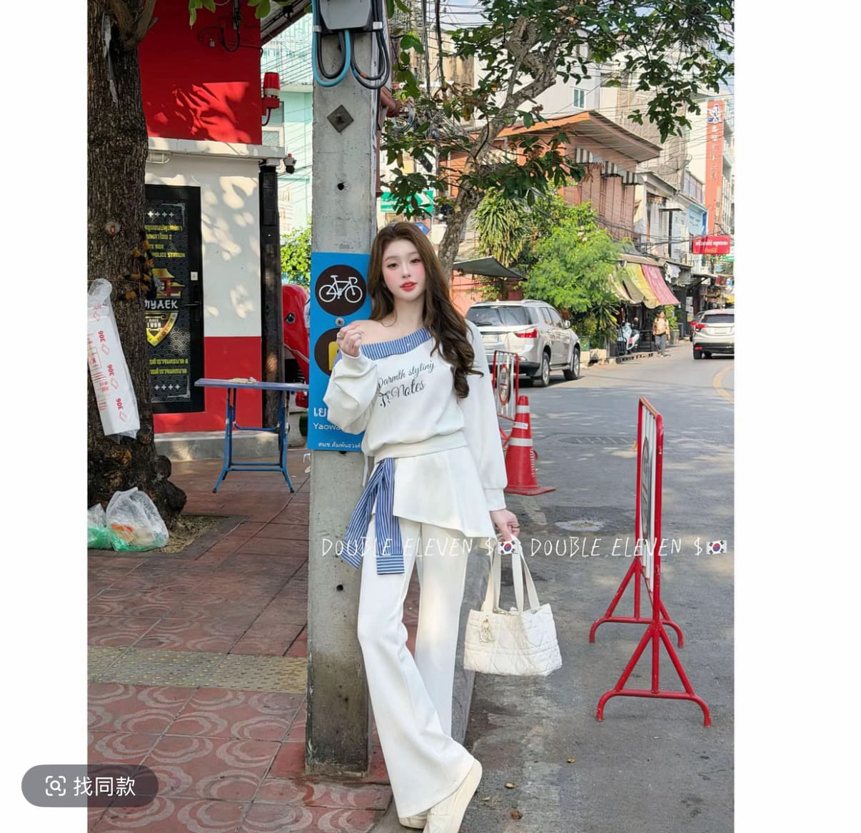 10 가족 오리지널 파란색 스트라이프 폴로 칼라 비스듬한 어깨 알파벳 프린트 긴팔 와이드 레그 팬츠 투피스 세트 상세 이미지 4