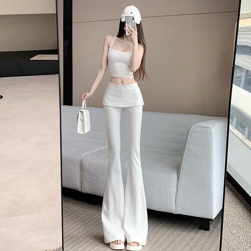 랩스커트팬츠 패치워크 마이크로 나팔 정장 바지 여성 여름 얇은 스타일 페이크 레이어드 하이웨이스트 캐주얼 바지 도루 가을 센스 바닥 청소 긴 바지 이미지 4