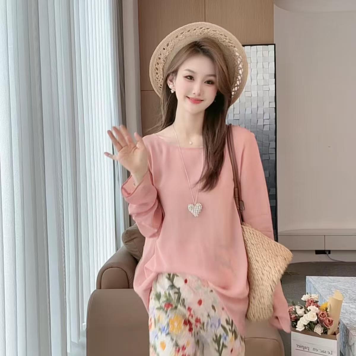 휴가 바람 뒤로 매듭 트임 쉬폰 셔츠 꽃 반신 스커트 세트 이미지 5