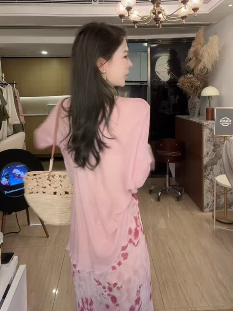 휴가 여행 바람 미니멀리즘 자외선 차단 라운드 넥 긴팔 셔츠 프린트 핑크색 바닥 분말 홍화 반신 스커트 세트 이미지 4