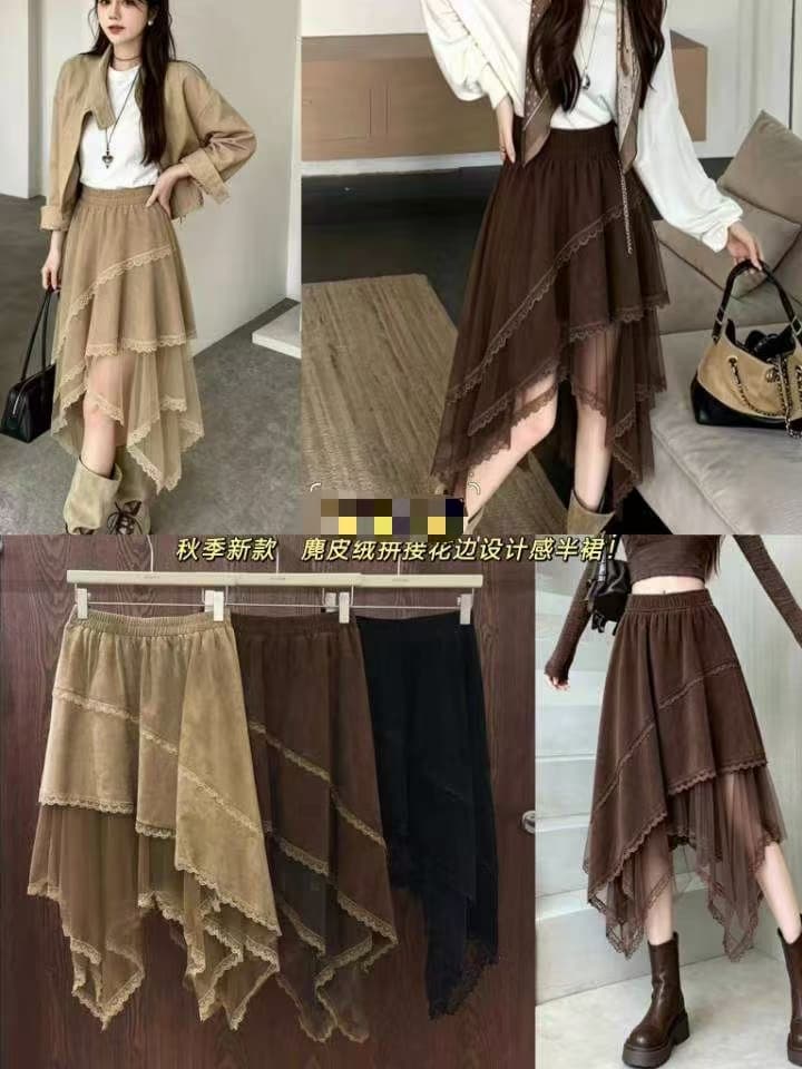 레트로 사슴 캐시미어 레이스 망사 패치워크 반신 스커트 가을 겨울철 새로운 디자인 센스 슬림해 보이는 불규칙 A라인 스커트 이미지 3