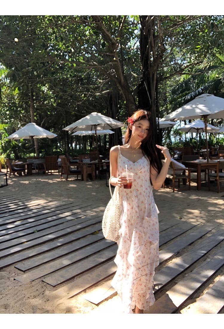 레드 맨 파빌리온 슬립 여성 드레스 2026 년 새로운 봄 프랑스식 화이트 꽃무늬 롱 스커트 몸매 가꾸기 품격 치마 상세 이미지 2