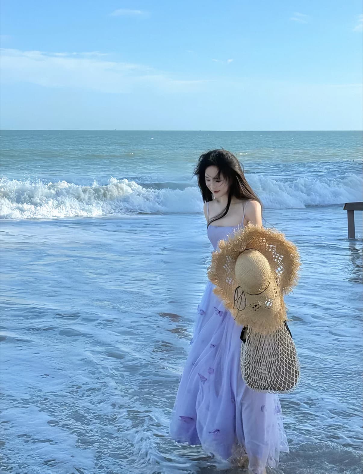 보라색 3 차원 나비 슬립 드레스 망사 롱 스커트 부드러운 슬립 드레스 이미지 3
