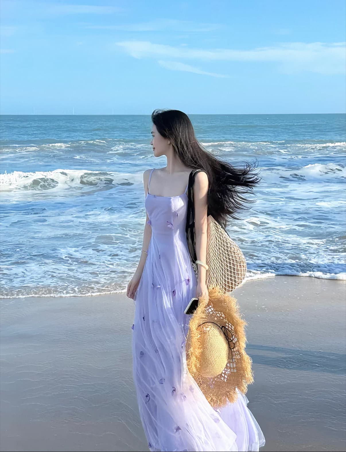 보라색 3 차원 나비 슬립 드레스 망사 롱 스커트 부드러운 슬립 드레스 이미지 2