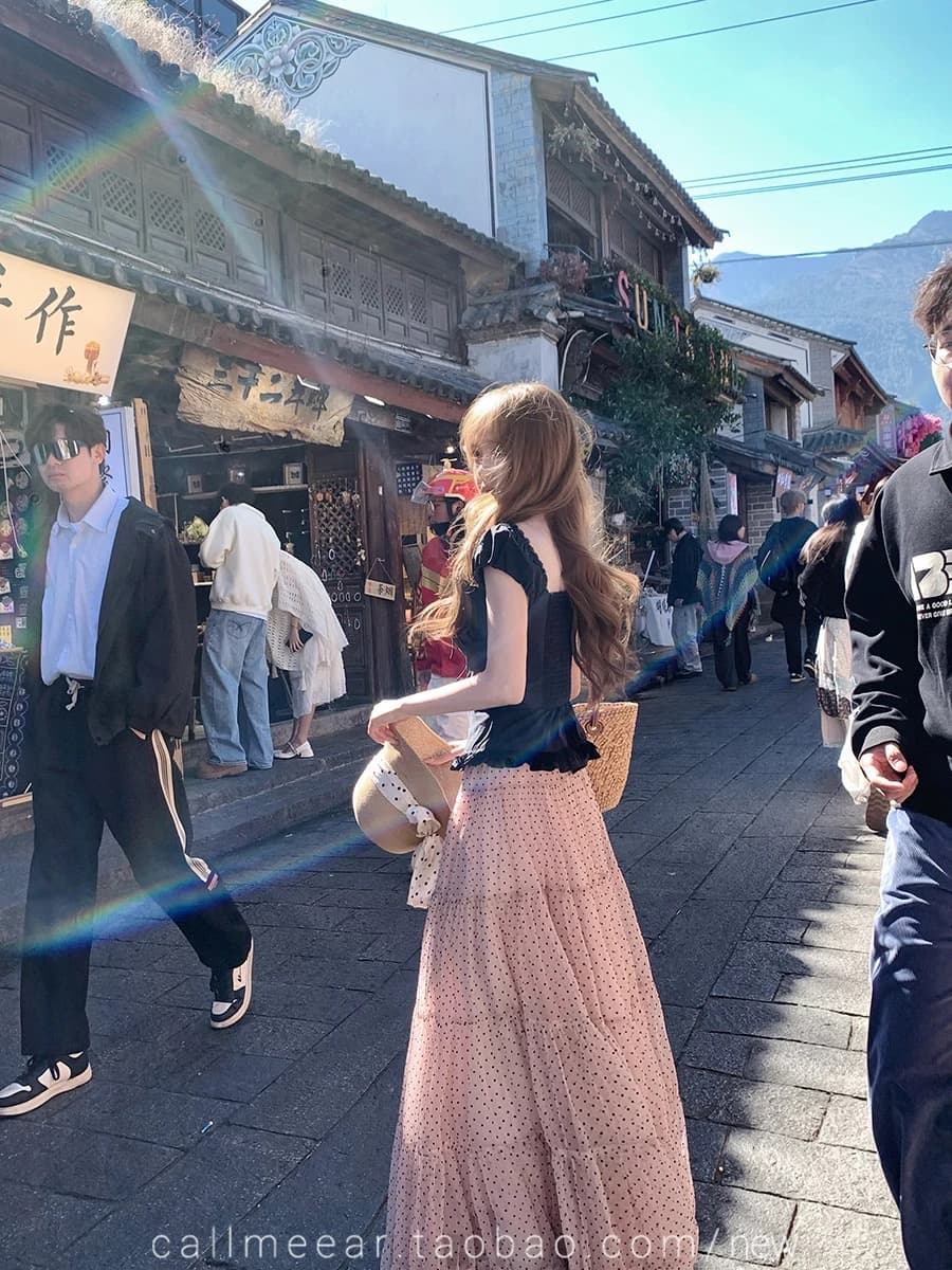 도트 무늬 대 치마 펌프 로프 허리밴드 도트 무늬 반신 스커트 하이웨이스트 한 마디 슬림해 보이는 롱 스커트 세트 이미지 2