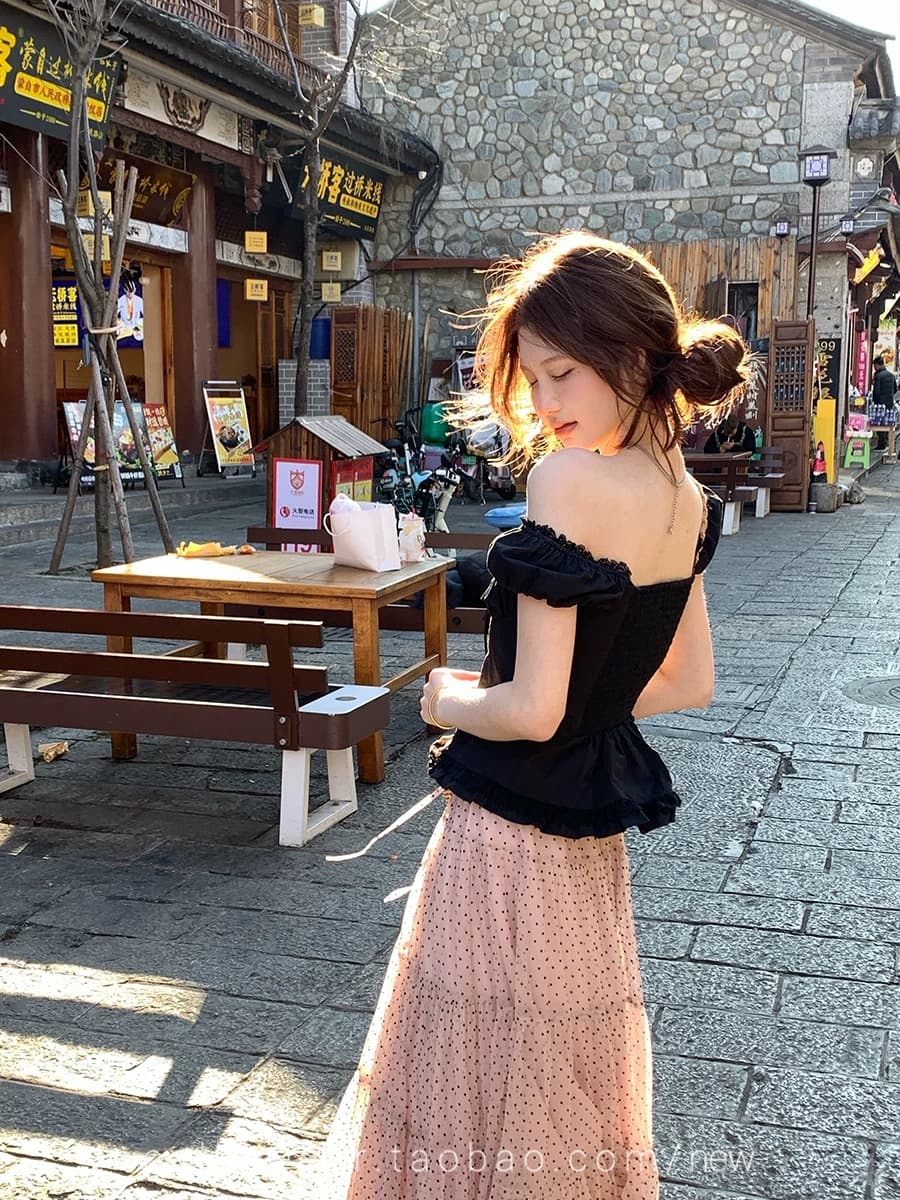 레이스 조각 프릴 주름 맨위 여성 이른 봄 오프숄더 작은 셔츠 이미지 3
