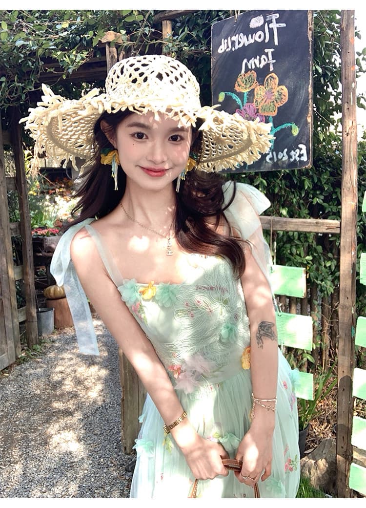 녹색 V넥 허리 수축 롱 코트 꽃 망사 슬립 여성 드레스 여름 프랑스식 레트로 한 마디 치마 상세 이미지 4