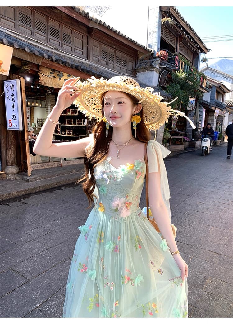 녹색 V넥 허리 수축 롱 코트 꽃 망사 슬립 여성 드레스 여름 프랑스식 레트로 한 마디 치마 상세 이미지 7