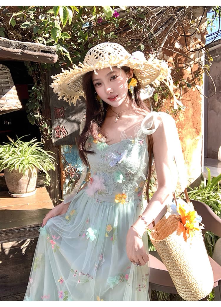 녹색 V넥 허리 수축 롱 코트 꽃 망사 슬립 여성 드레스 여름 프랑스식 레트로 한 마디 치마 상세 이미지 13
