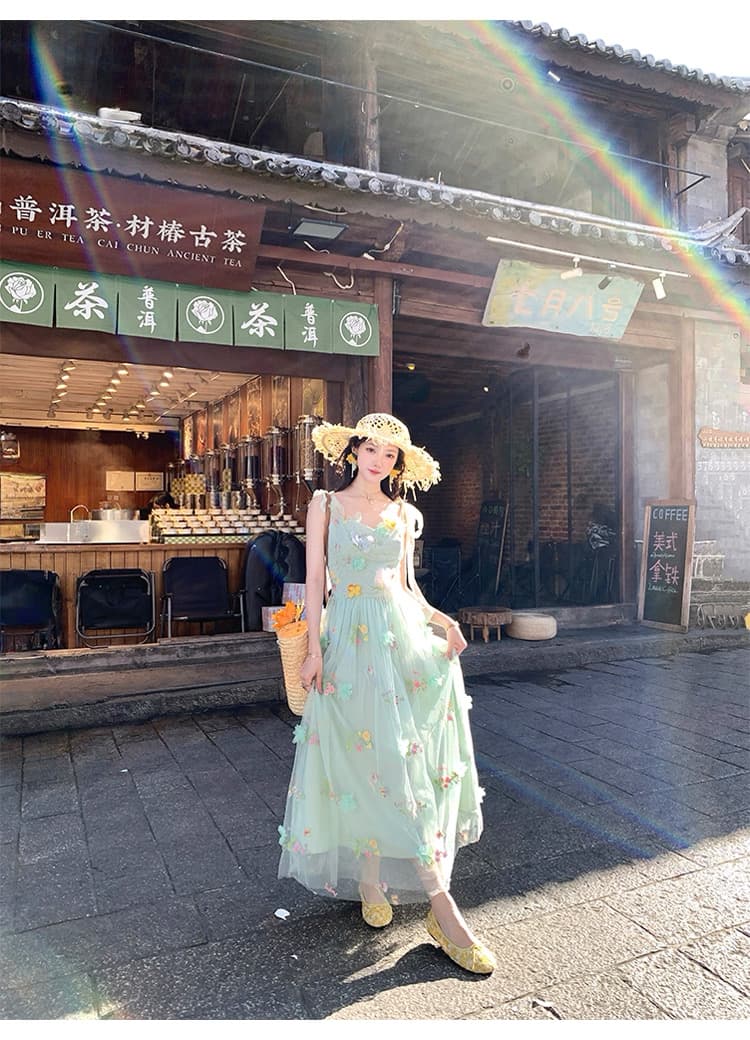 녹색 V넥 허리 수축 롱 코트 꽃 망사 슬립 여성 드레스 여름 프랑스식 레트로 한 마디 치마 상세 이미지 15