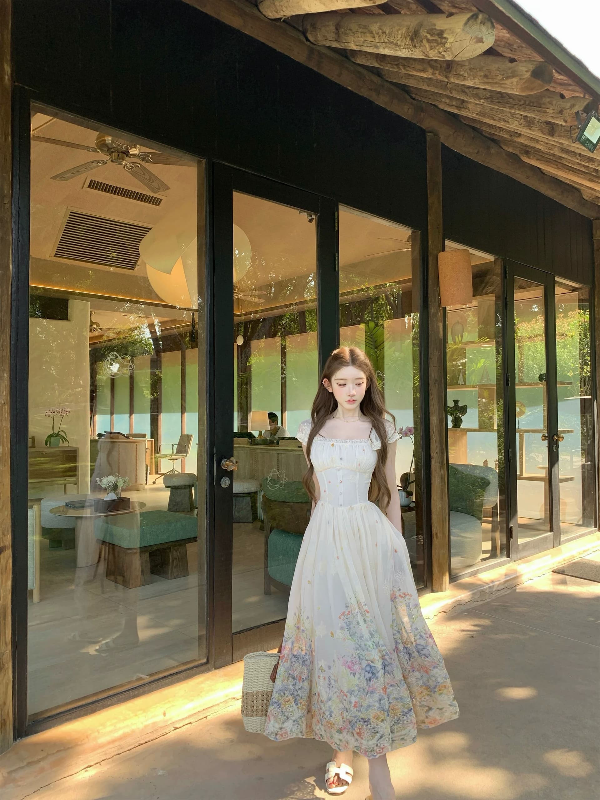 치앙마이 뒷 정원 분위기 아름다움 꽃무늬 반팔 대 우산 진자 휴가 롱 스커트 이미지 4