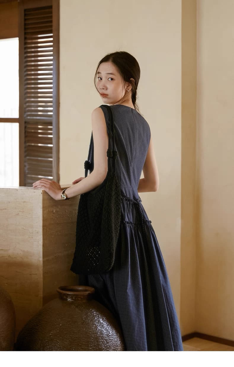 2026 년 여름 새로운 문예 바람 한여름 블루 프릴 디자인 체크무늬 레이스업 여성 드레스 상세 이미지 3