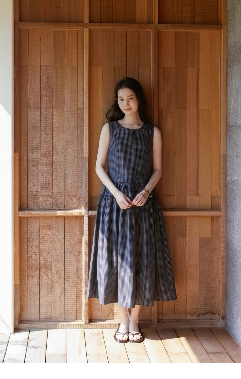 2026 년 여름 새로운 문예 바람 한여름 블루 프릴 디자인 체크무늬 레이스업 여성 드레스 상세 이미지 7