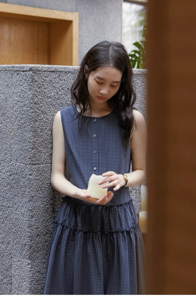 2026 년 여름 새로운 문예 바람 한여름 블루 프릴 디자인 체크무늬 레이스업 여성 드레스 상세 이미지 10