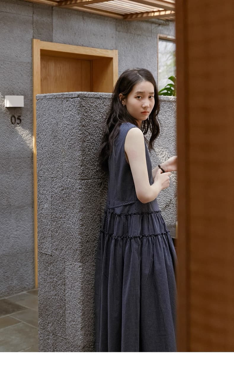 2026 년 여름 새로운 문예 바람 한여름 블루 프릴 디자인 체크무늬 레이스업 여성 드레스 상세 이미지 11