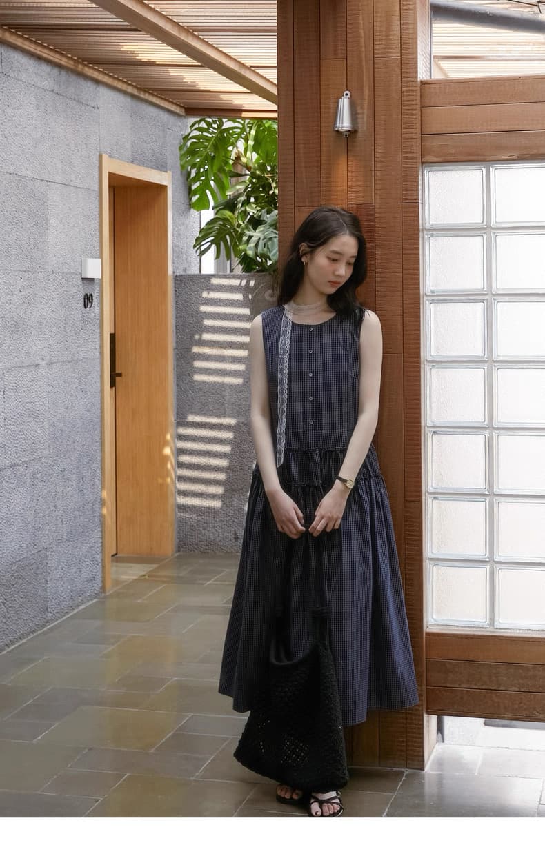 2026 년 여름 새로운 문예 바람 한여름 블루 프릴 디자인 체크무늬 레이스업 여성 드레스 상세 이미지 13