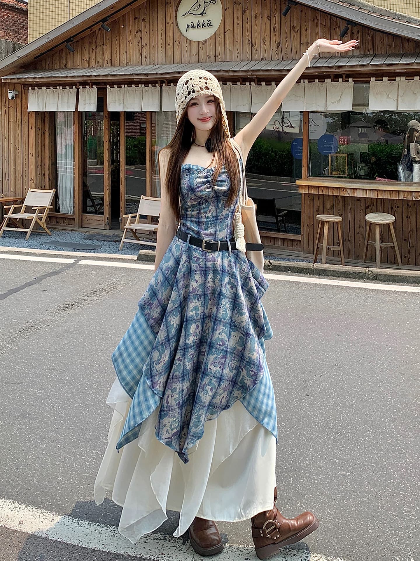체크무늬 프린트 슬립 드레스 스택 착용 불규칙 프릴 운남 삼아 관광 착용 가져 가라. 세트 드레스