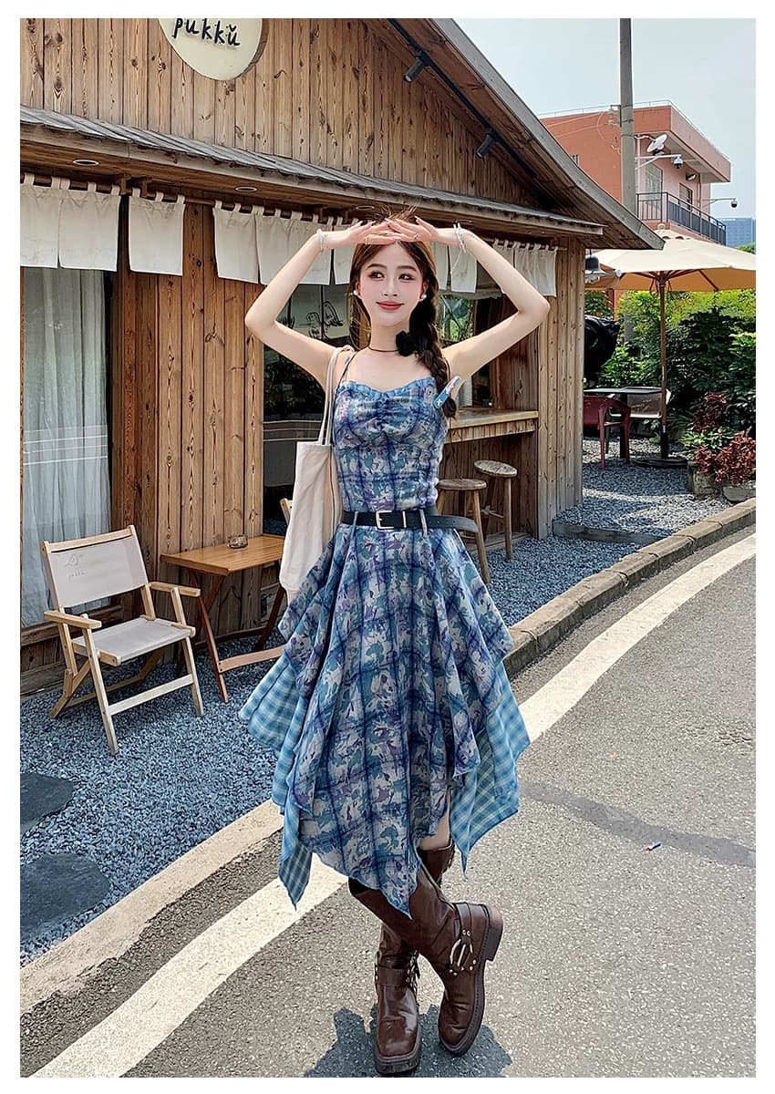 체크무늬 프린트 슬립 드레스 스택 착용 불규칙 프릴 운남 삼아 관광 착용 가져 가라. 세트 드레스 상세 이미지 6