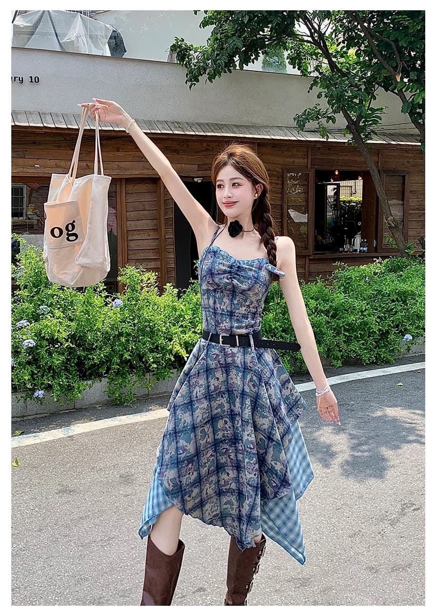 체크무늬 프린트 슬립 드레스 스택 착용 불규칙 프릴 운남 삼아 관광 착용 가져 가라. 세트 드레스 상세 이미지 10