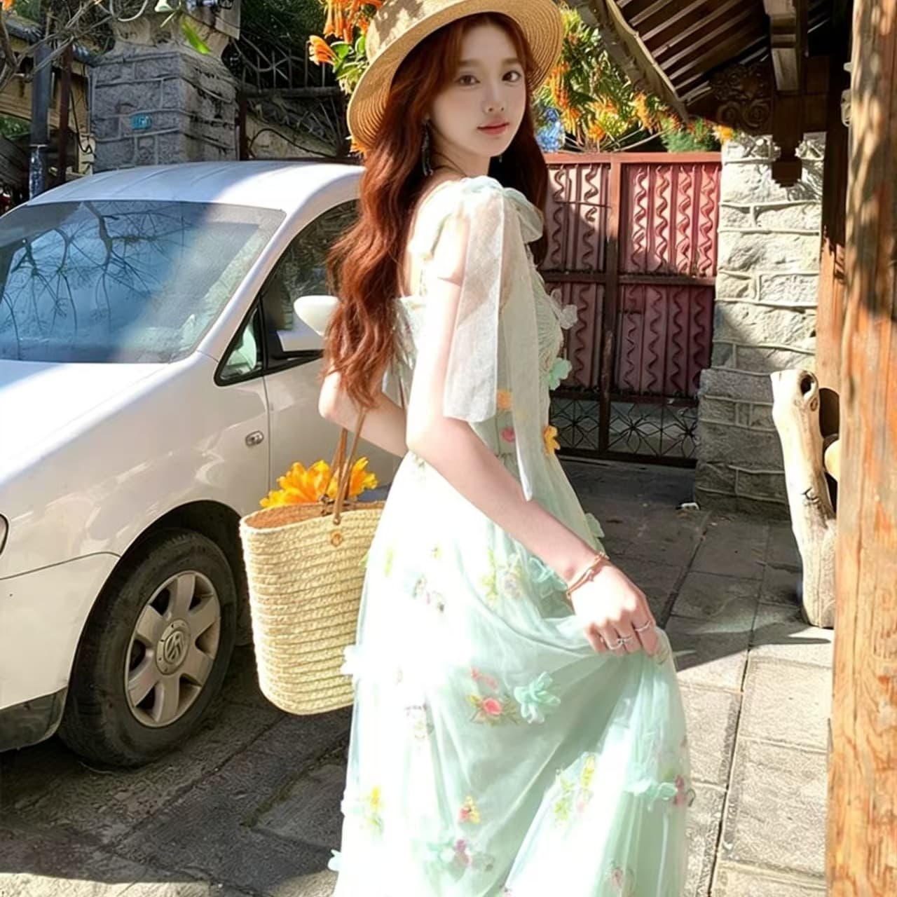 녹색 V넥 허리 수축 롱 코트 꽃 망사 슬립 여성 드레스 여름 프랑스식 레트로 한 마디 치마 이미지 5