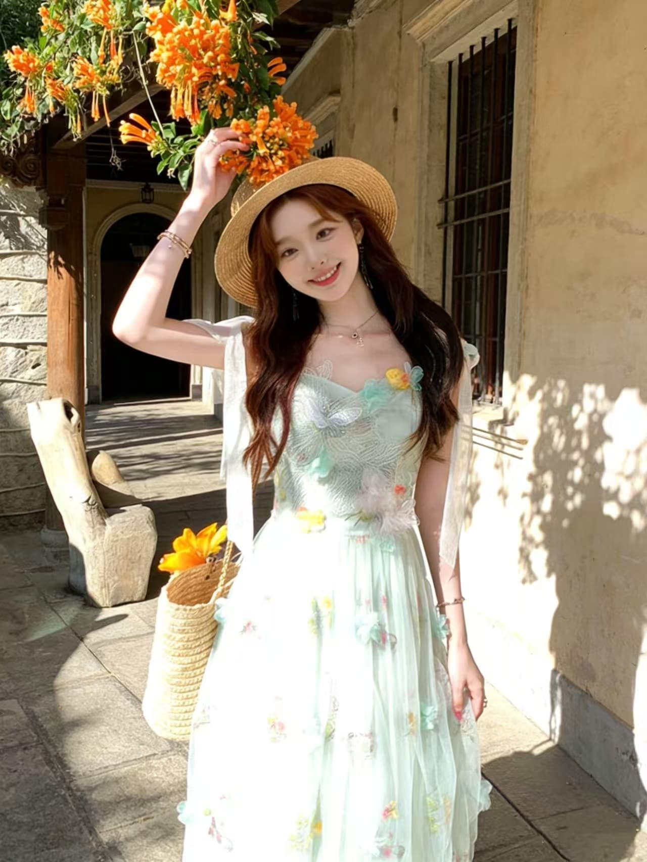 녹색 V넥 허리 수축 롱 코트 꽃 망사 슬립 여성 드레스 여름 프랑스식 레트로 한 마디 치마 상세 이미지 2