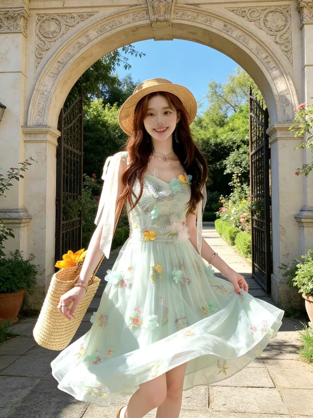 녹색 V넥 허리 수축 롱 코트 꽃 망사 슬립 여성 드레스 여름 프랑스식 레트로 한 마디 치마 상세 이미지 3