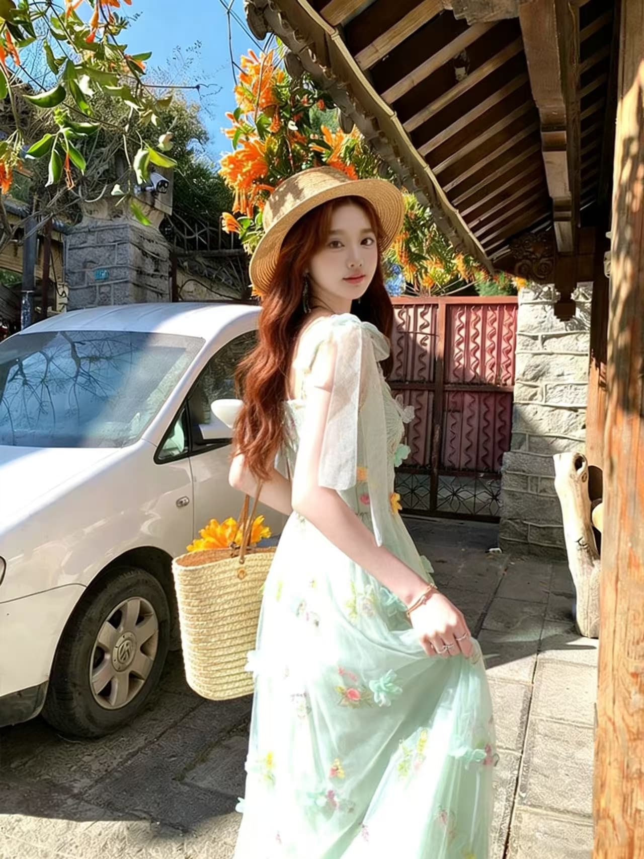 녹색 V넥 허리 수축 롱 코트 꽃 망사 슬립 여성 드레스 여름 프랑스식 레트로 한 마디 치마 상세 이미지 4