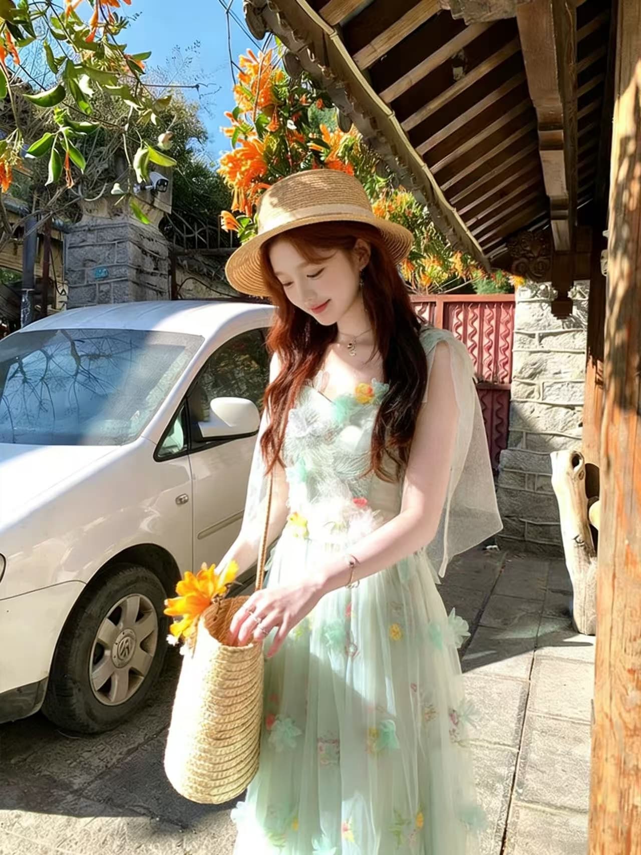 녹색 V넥 허리 수축 롱 코트 꽃 망사 슬립 여성 드레스 여름 프랑스식 레트로 한 마디 치마 상세 이미지 5