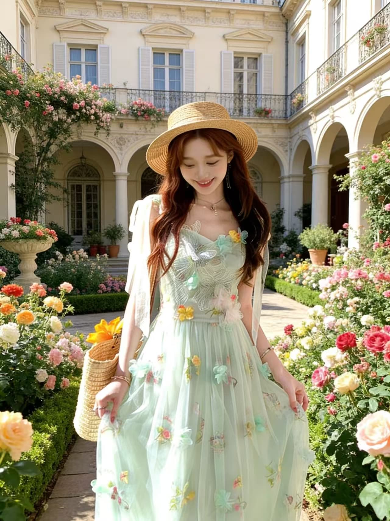 녹색 V넥 허리 수축 롱 코트 꽃 망사 슬립 여성 드레스 여름 프랑스식 레트로 한 마디 치마 상세 이미지 7