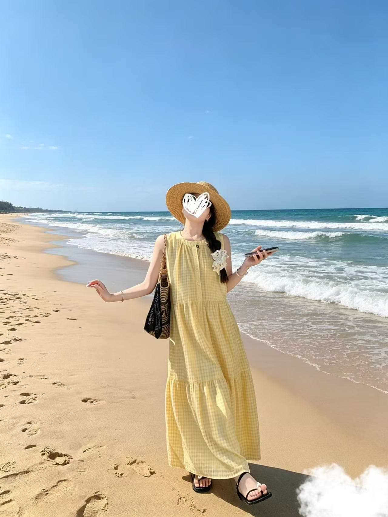 깨진 금 해안 여름 중간 길이 루즈핏 휴가 바람 체크무늬 조끼 여성 드레스 이미지 3