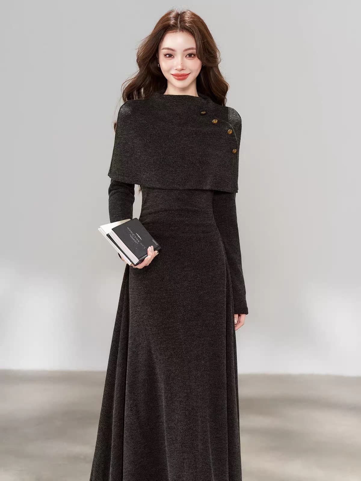 한 부서 chic Chic 긴팔 니트 여성 드레스 가을 2026 새로운 페이크 레이어드 패치워크 롱 스커트