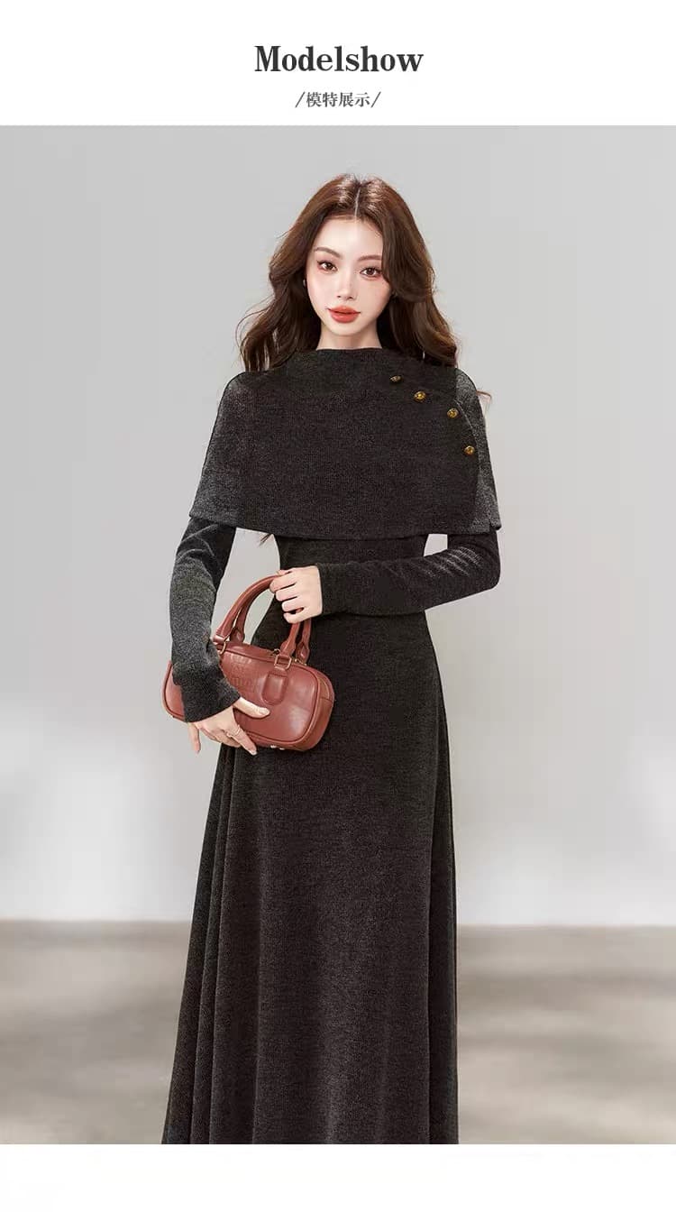 한 부서 chic Chic 긴팔 니트 여성 드레스 가을 2026 새로운 페이크 레이어드 패치워크 롱 스커트 상세 이미지 2