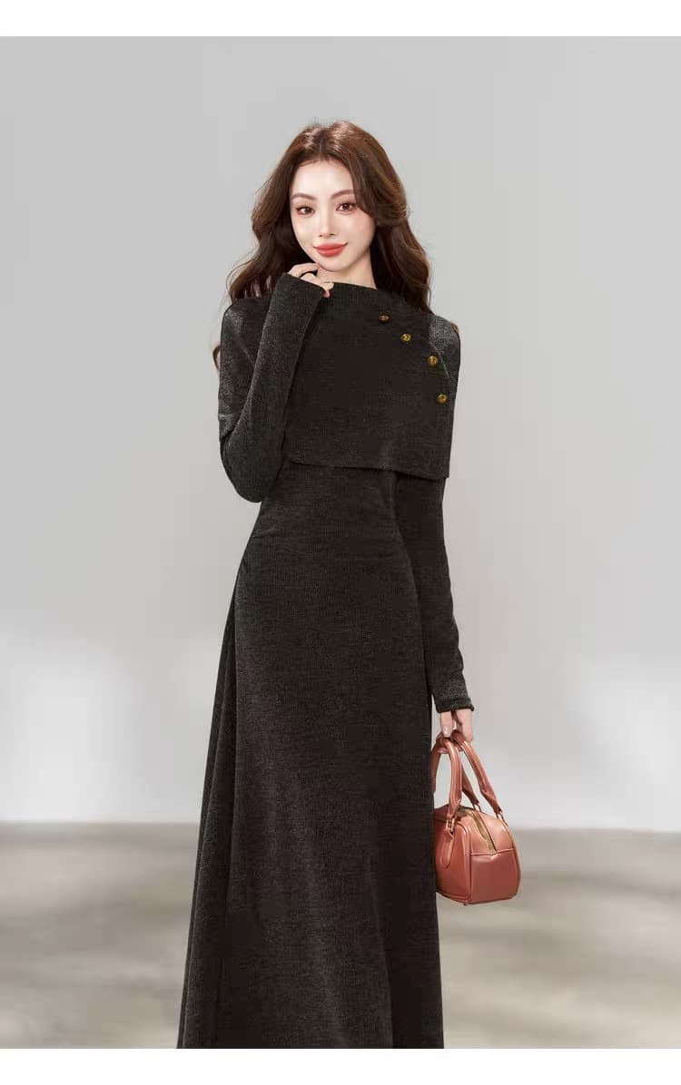 한 부서 chic Chic 긴팔 니트 여성 드레스 가을 2026 새로운 페이크 레이어드 패치워크 롱 스커트 상세 이미지 3