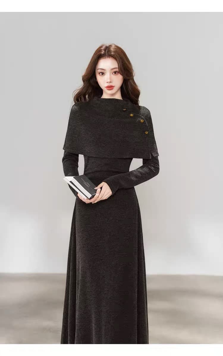 한 부서 chic Chic 긴팔 니트 여성 드레스 가을 2026 새로운 페이크 레이어드 패치워크 롱 스커트 상세 이미지 4