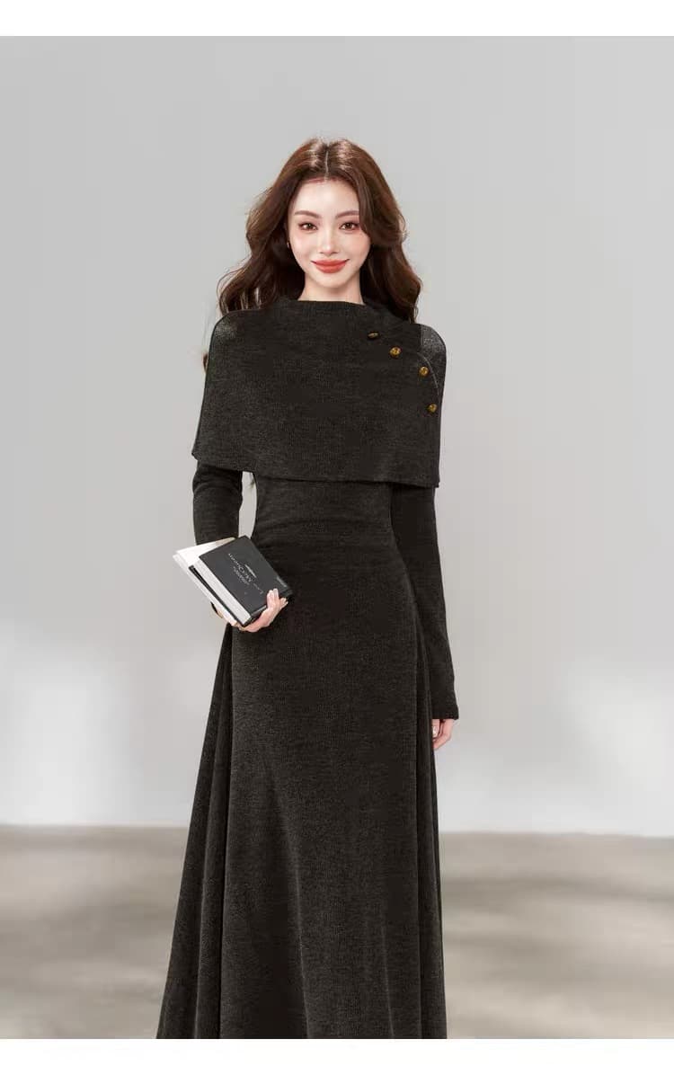 한 부서 chic Chic 긴팔 니트 여성 드레스 가을 2026 새로운 페이크 레이어드 패치워크 롱 스커트 상세 이미지 5