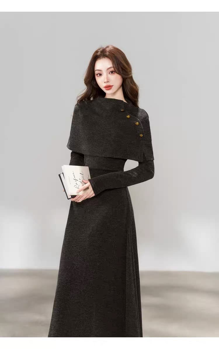 한 부서 chic Chic 긴팔 니트 여성 드레스 가을 2026 새로운 페이크 레이어드 패치워크 롱 스커트 상세 이미지 6