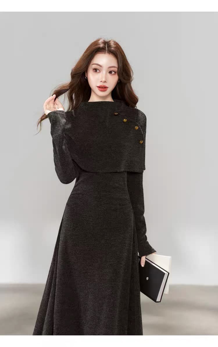 한 부서 chic Chic 긴팔 니트 여성 드레스 가을 2026 새로운 페이크 레이어드 패치워크 롱 스커트 상세 이미지 8