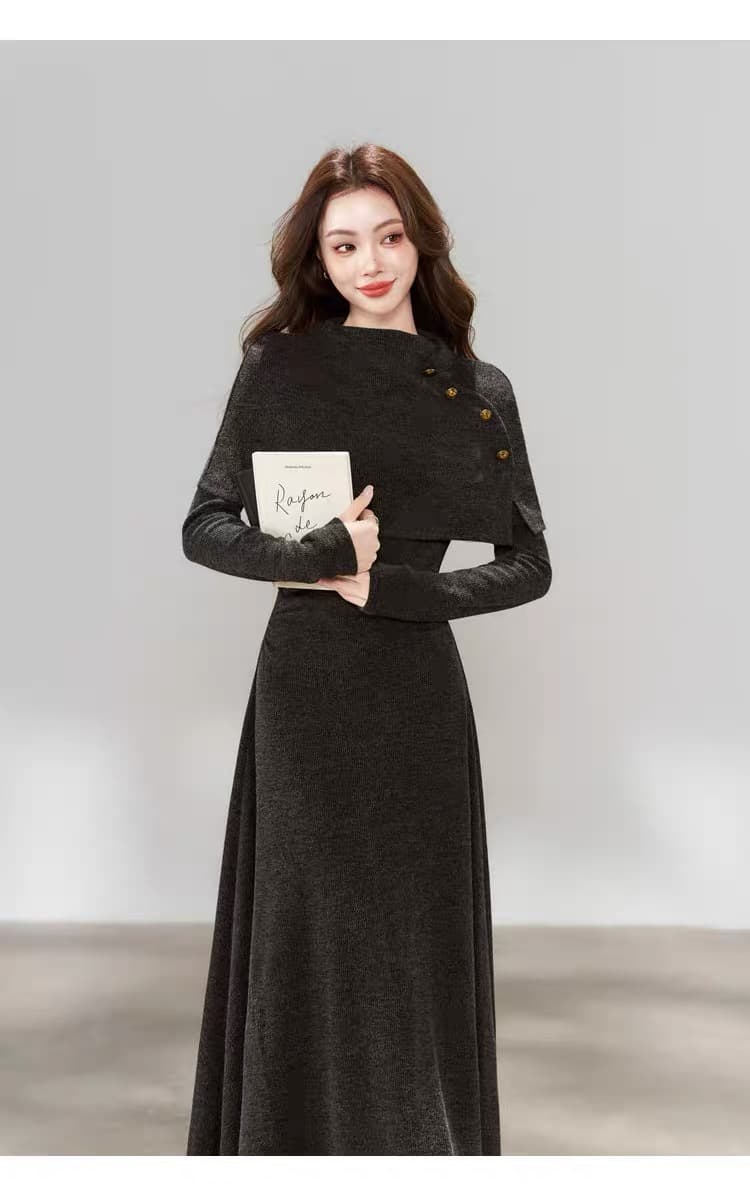 한 부서 chic Chic 긴팔 니트 여성 드레스 가을 2026 새로운 페이크 레이어드 패치워크 롱 스커트 상세 이미지 9