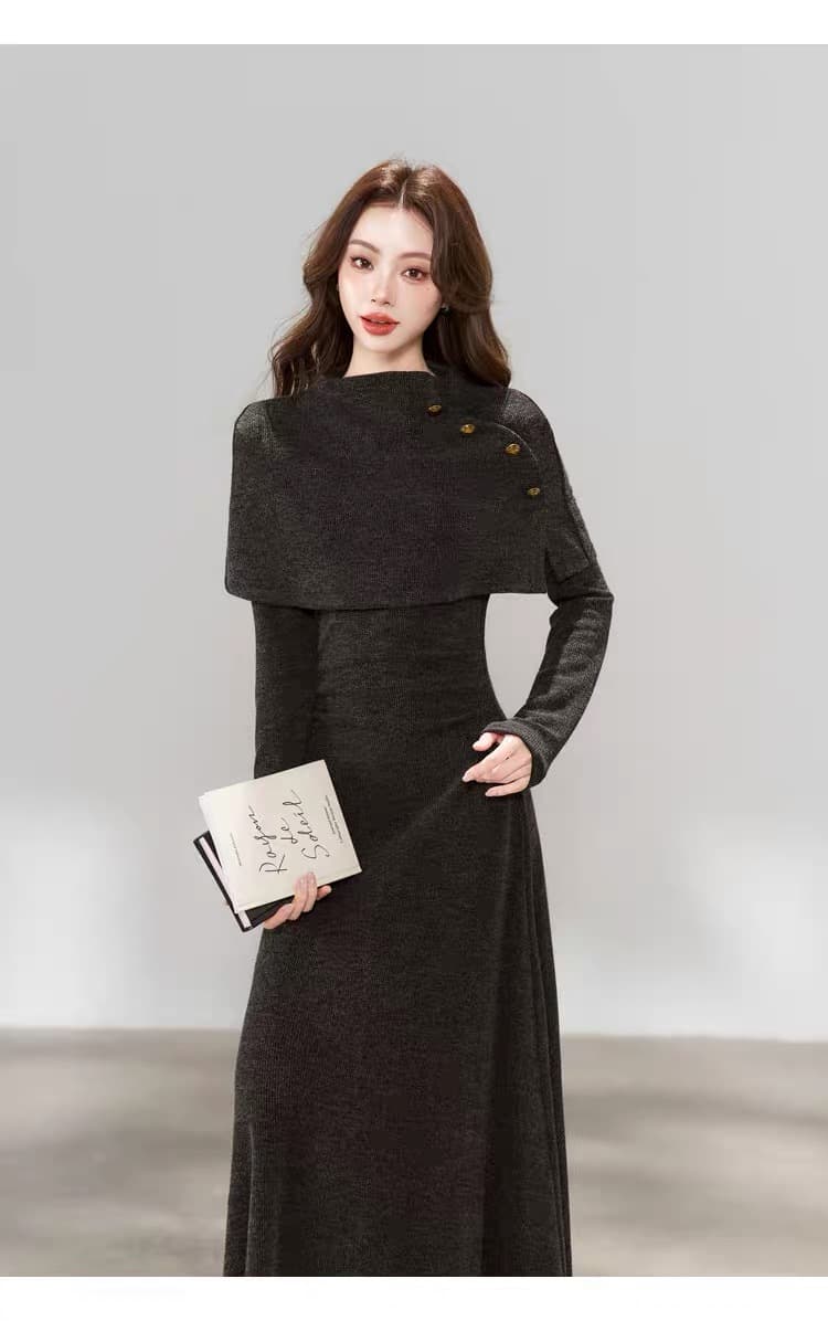 한 부서 chic Chic 긴팔 니트 여성 드레스 가을 2026 새로운 페이크 레이어드 패치워크 롱 스커트 상세 이미지 11