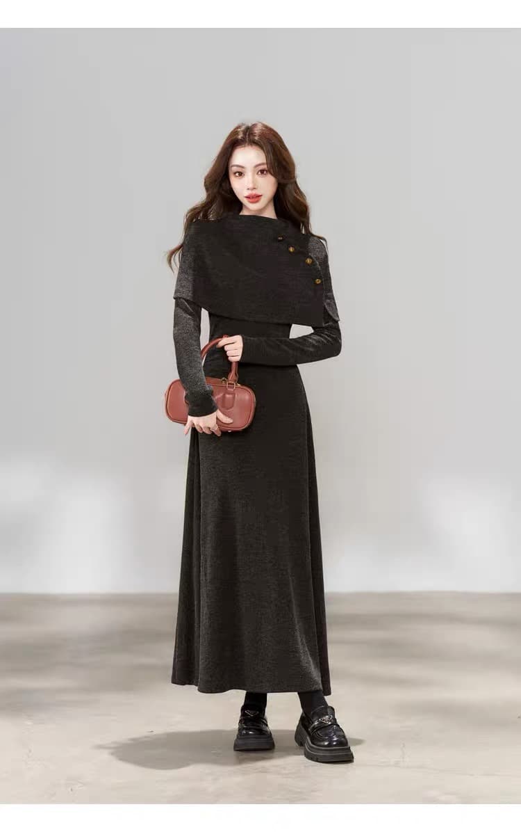 한 부서 chic Chic 긴팔 니트 여성 드레스 가을 2026 새로운 페이크 레이어드 패치워크 롱 스커트 상세 이미지 14