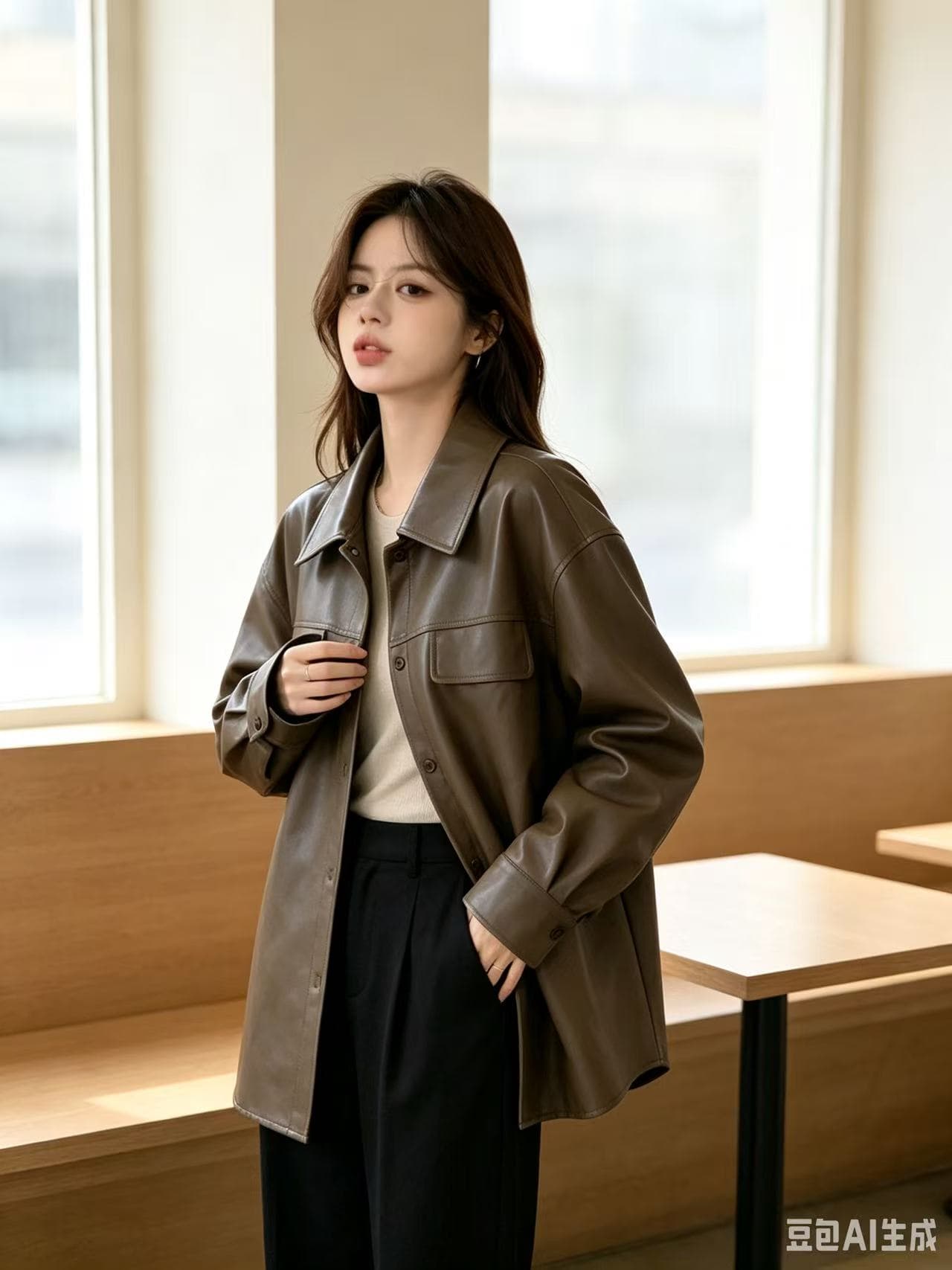 가을 새로운 루즈핏 캐주얼 가죽 재킷 셔츠 레트로 재킷 여성 코트 상세 이미지 2