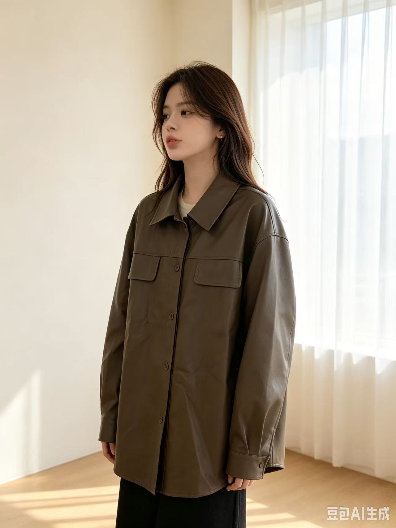 가을 새로운 루즈핏 캐주얼 가죽 재킷 셔츠 레트로 재킷 여성 코트 상세 이미지 4