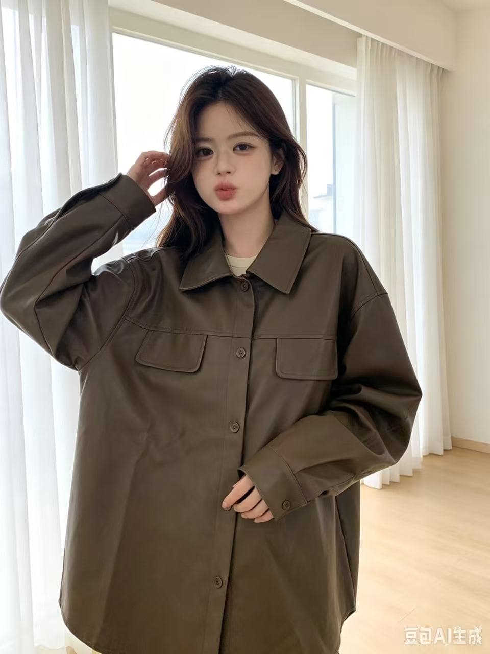 가을 새로운 루즈핏 캐주얼 가죽 재킷 셔츠 레트로 재킷 여성 코트 상세 이미지 7