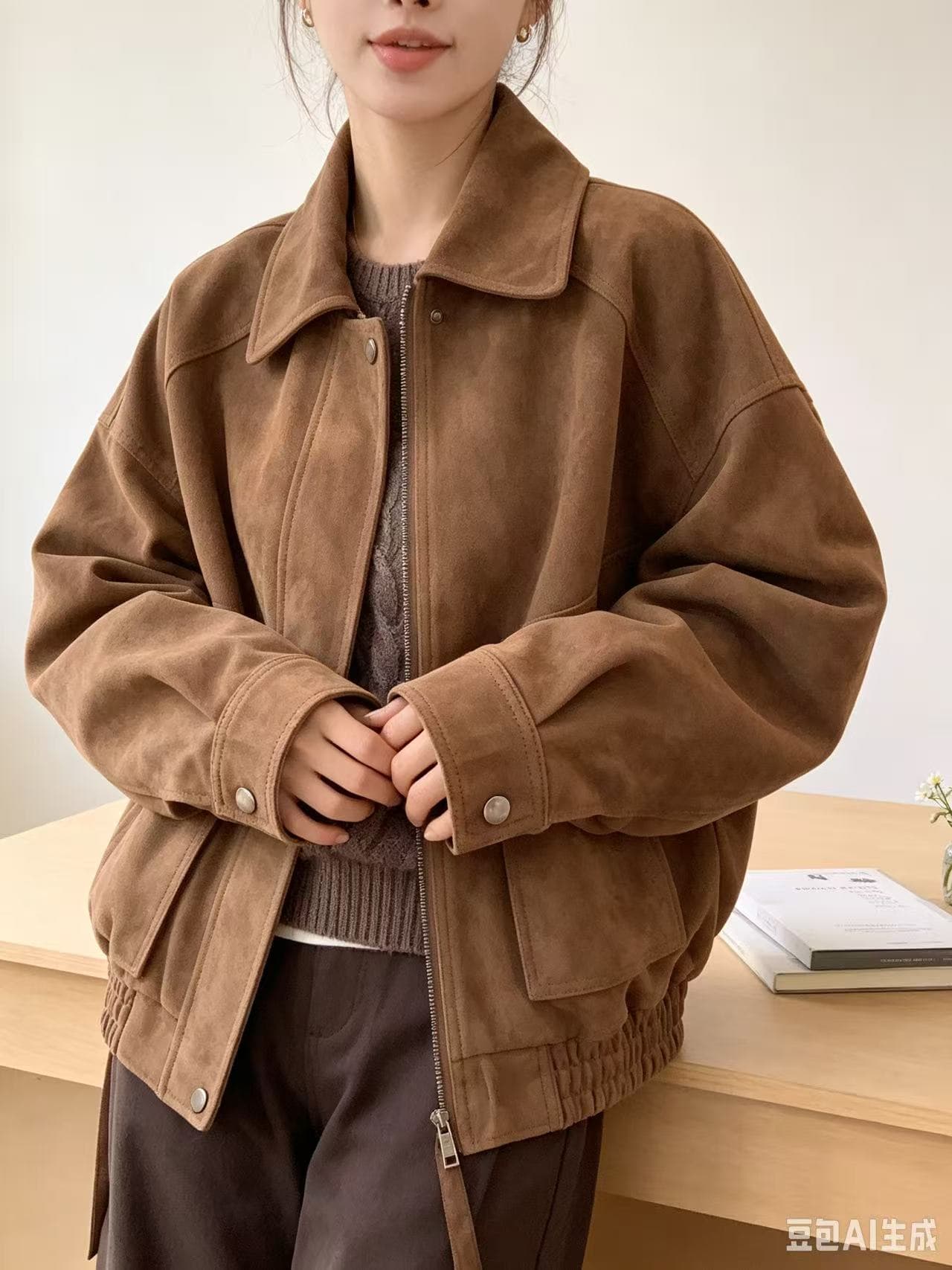 현대 가을의 날 밤나무 차가운 바람의 소리 넓은 에디션 구조 가죽 재킷 상세 이미지 6