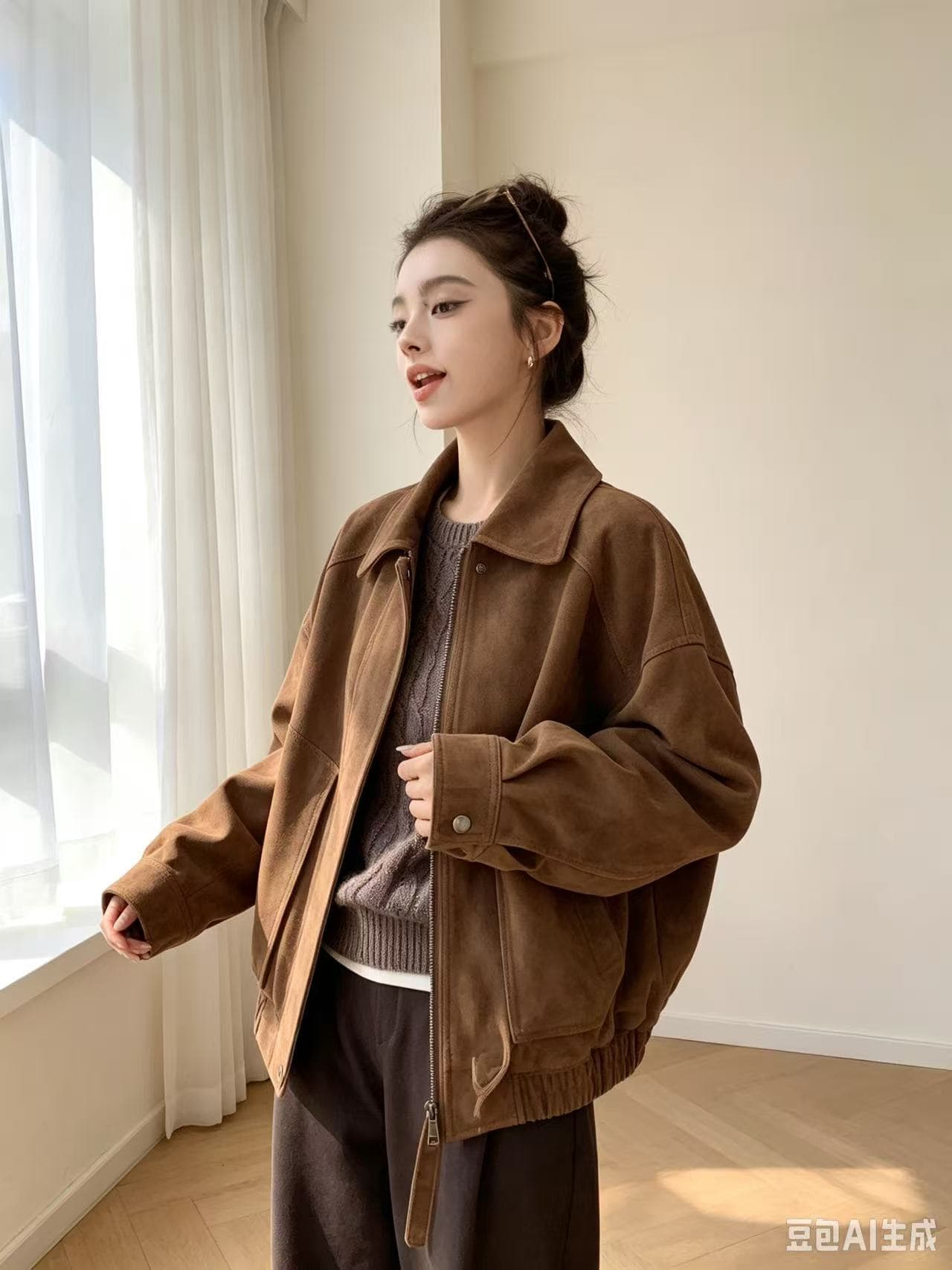 현대 가을의 날 밤나무 차가운 바람의 소리 넓은 에디션 구조 가죽 재킷 상세 이미지 8